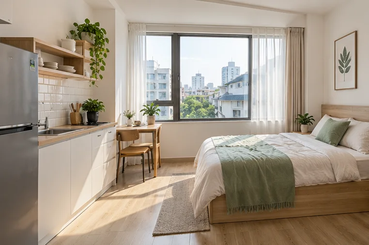 Không gian studio sáng và gọn gàng